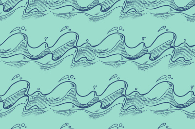 Teal and blue hand drawn waves vector seamless background