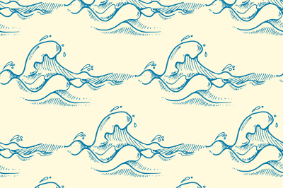 Blue hand drawn waves vector seamless pattern