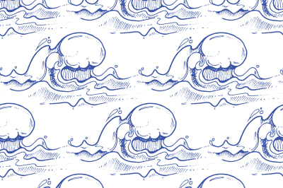 Blue hand drawn waves vector seamless pattern