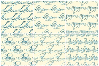 Hand drawn waves vector seamless patterns set