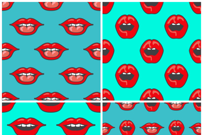 Red lips background vector seamless patterns set