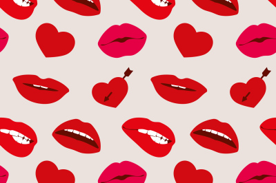 Red woman lips and hearts vector seamless pattern