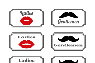 Ladies and gentlemen bathroom symbols. Vector lips  mustache