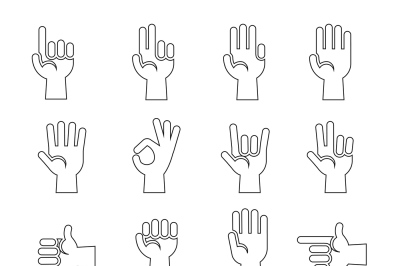 Hands gestures vector icons set in black and white