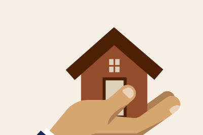 Hand holding a house, insurance service vector icon