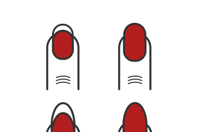Manicure with red nail polish vector icons set. Different 