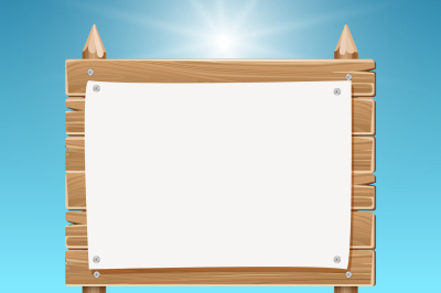 Wooden blank sign board with paper blue sky