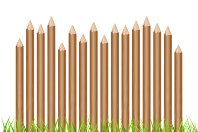 Rural wooden fence, palisade in green grass vector illustration