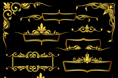 Golden ornate vector frames, borders and corner elements set