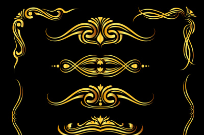 Golden ornate vector borders and corner elements over black