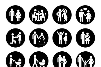 Family vector icons set in black and white