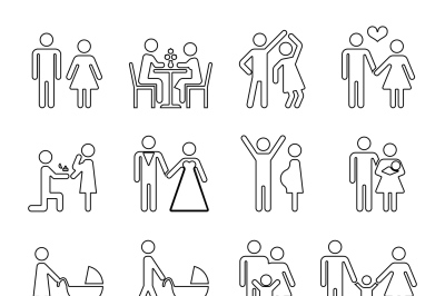 Family vector thin line icons set in black and white