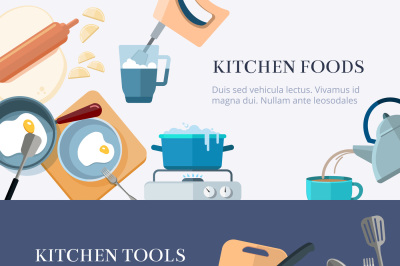 Kitchen utensils, cooking, home made food, kitchenware vector banners 