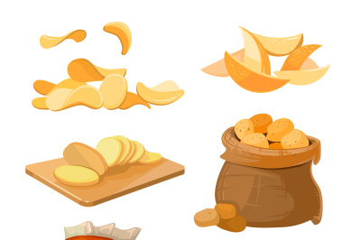 Salty fried potato chips snacks vector set