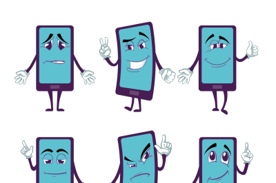 Happy smartphone cartoon character with legs and hands in various pose