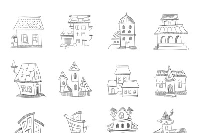 Cute hand drawn houses with windows, doodle housing, sketchy homes vec