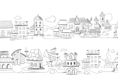 Cityscape with hand drawn doodle houses vector illustration