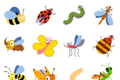 Funny insects&2C; cute cartoon bugs vector set