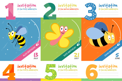 Kids birthday invitation cards with cute bugs insects vector set