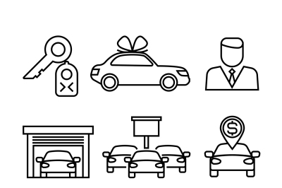 Car dealerships&2C; purchase and sale of cars line vector icons