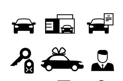 Auto dealership, car industry selling, buying and renting vector icons