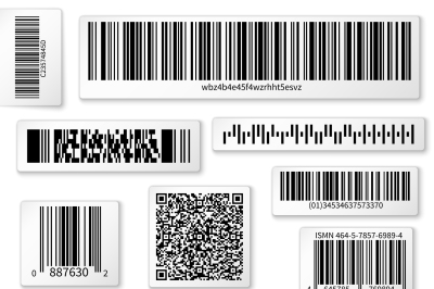 Packaging labels, bar and QR codes on white vector stickers