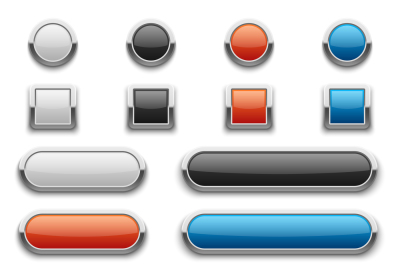 Vector red, blue, black and white glossy buttons with shiny metal fram