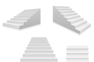 White stairs, 3d interior staircases isolated. Vector steps collection