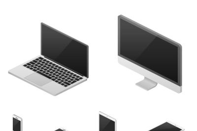 Isometric 3d laptop, tablet, smartphone, computer screen responsive we