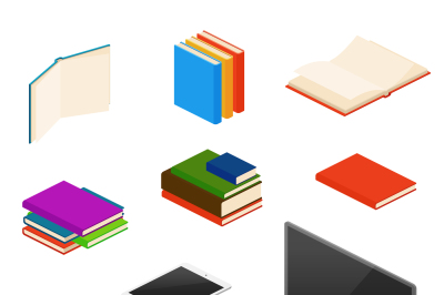 Isometric library, educational equipment, books, computers and devices