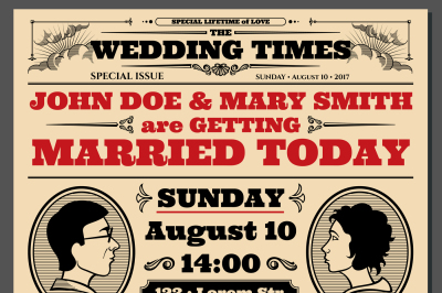 Vintage newspaper front page&2C; wedding invitation vector layout