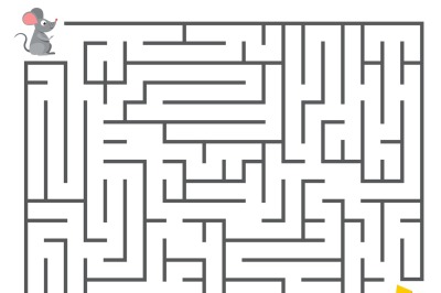 Cute mouse searching cheese. Kids maze puzzle, labyrinth vector illust