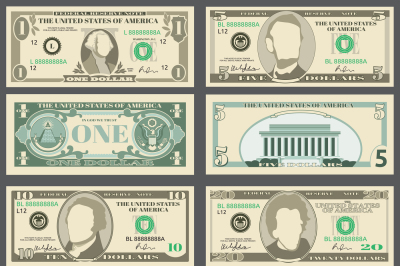 Dollar banknotes&2C; us currency money bills vector set.