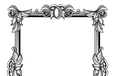 Retro, antique baroque border frame with scroll ornaments vector illus