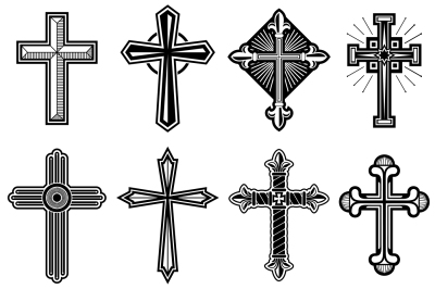 Catholic christian cross with ornament vector icons set