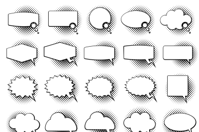 Empty monochrome speech comic text bubbles with halftone dot shadow ef