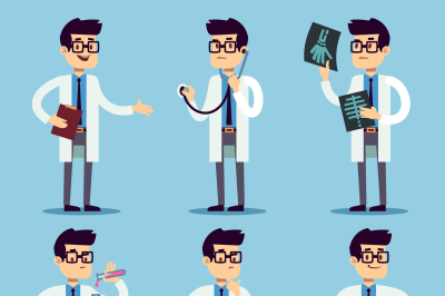 Doctor, chemist, pharmacist, surgeon man cartoon characters vector set