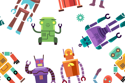 Kids toy robot, humanoid, spaceman, cyborg vector seamless pattern