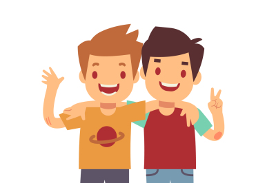 Two boys hugging, best friends, happy smiling kids vector illustration