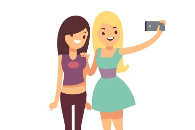 Happy smiling young women friends taking selfie photo vector illustrat