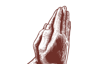Praying hands, prayer on bible, blessing  religious hand drawn vector 