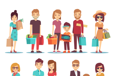 People shopping in mall vector cartoon characters set