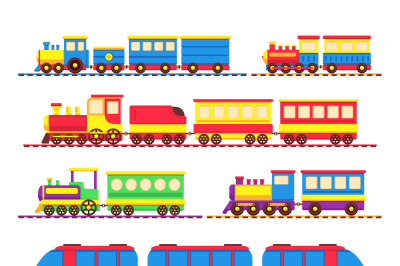 Cartoon kids toy trains, locomotive and wagons vector set