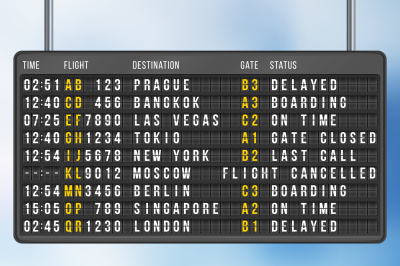 Airport flip arrivals information scoreboard vector mockup