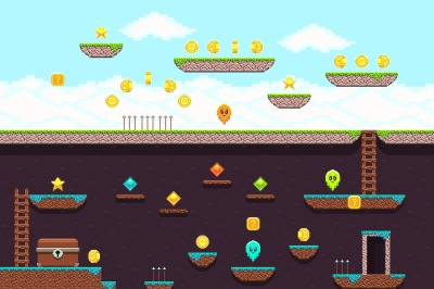 Retro platformer video game, vector gaming screen