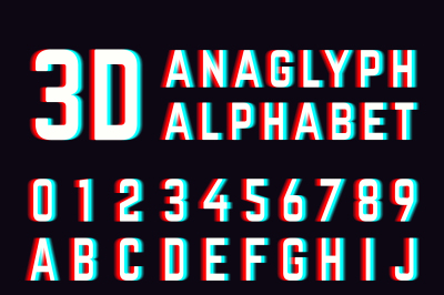 Stereoscopic distortion, 3d anaglyph font alphabet letters