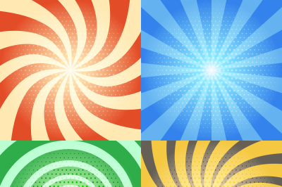 Comic book vector backgrounds set. Retro sunburst and spiral effects w