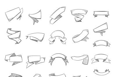 Hand drawn banners&2C; pencil sketched&2C; doodle vintage ribbons vector set