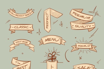 Doodle retro ribbon banners with hand drawn retail selling messages ve