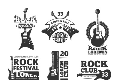 Vintage heavy rock, jazz band, guitar shop, music vector logos and lab